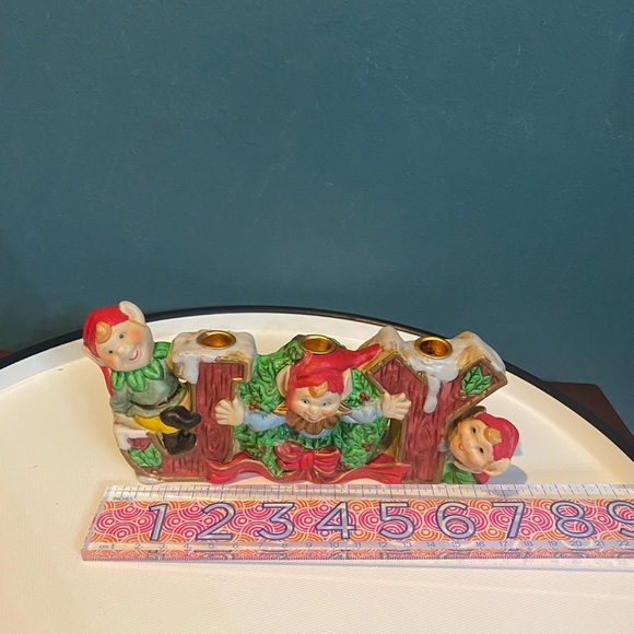Vintage Robel Hall Ceramic JOY 3 Elves Pixies Candle Holder Christmas - Picture 5 of 7